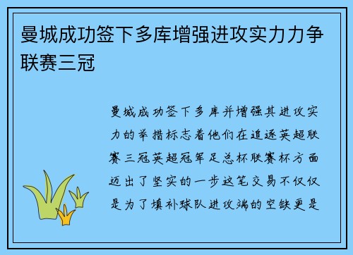 曼城成功签下多库增强进攻实力力争联赛三冠